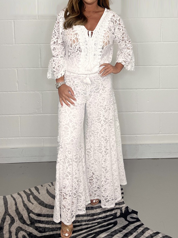 Lace-Up Solid Color Long Sleeves Wide Leg V-Neck Jumpsuits