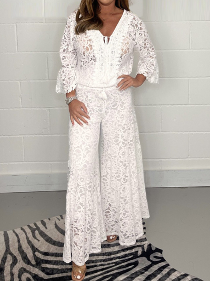Lace-Up Solid Color Long Sleeves Wide Leg V-Neck Jumpsuits