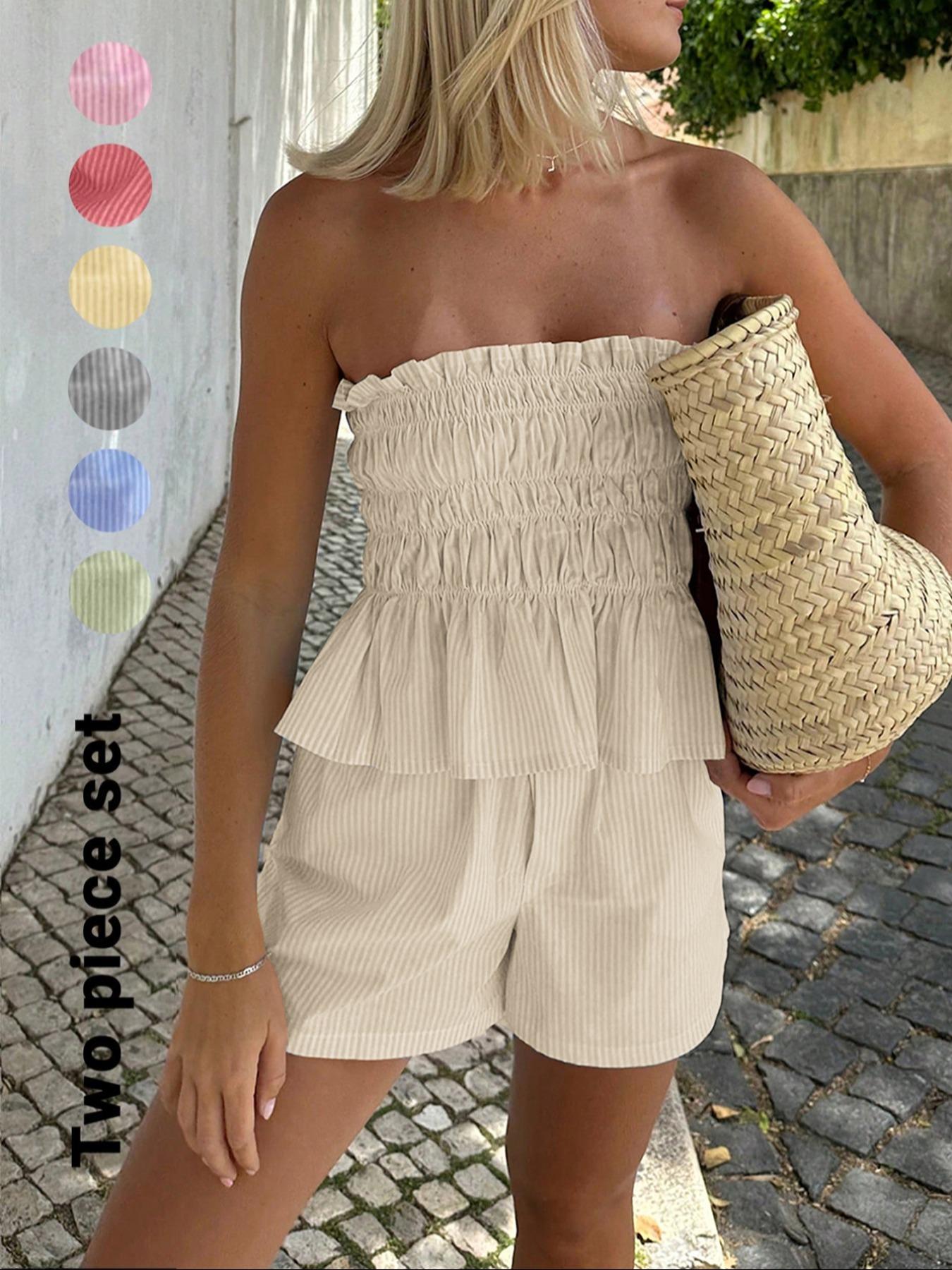 Two-piece Set Women's Striped Print Tube Top & Shorts Set, Casual Strapless Top & Shorts for Daily Wear, Ladies Clothes Womenswear for Summer Outfit