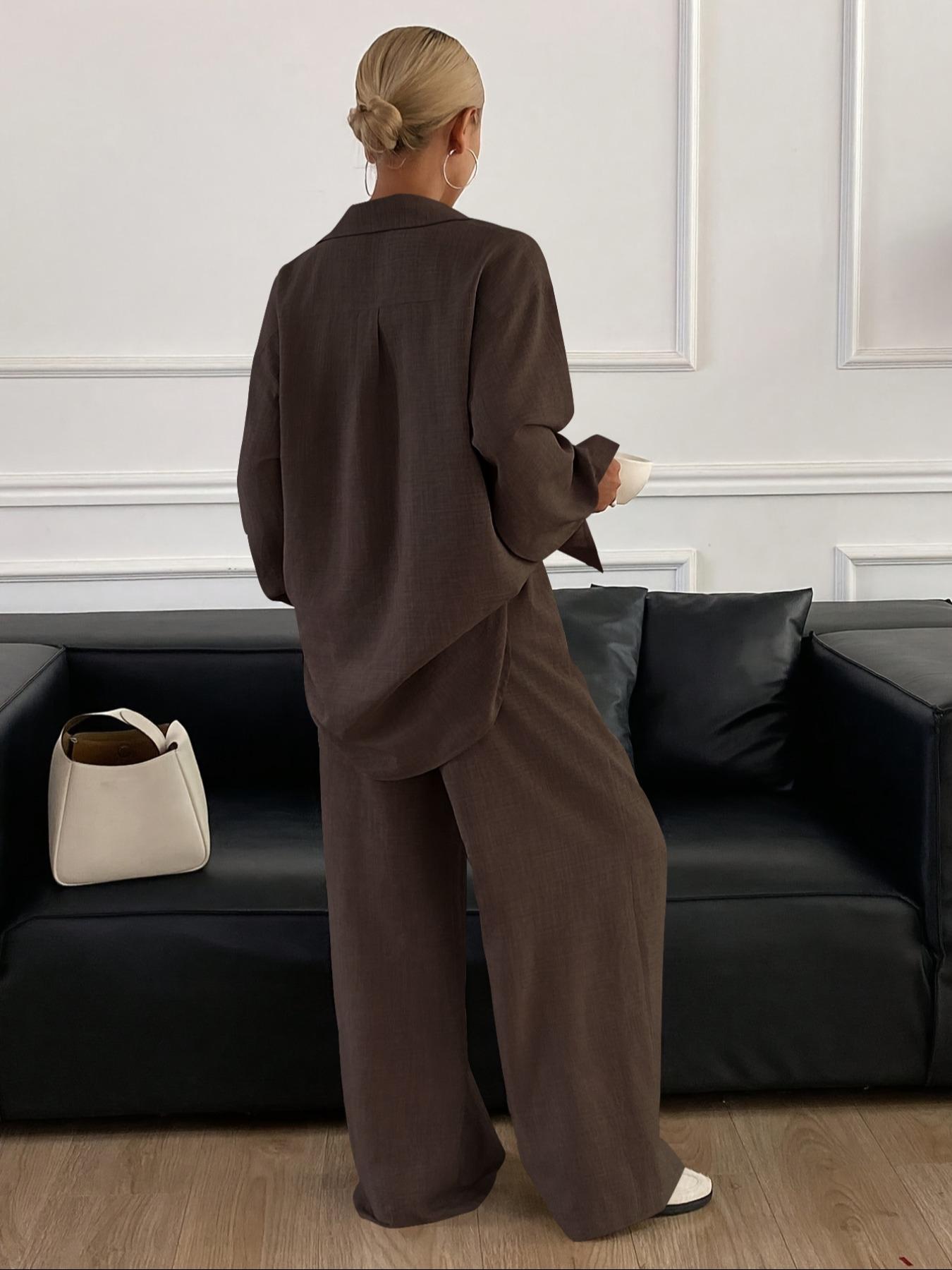 Women's Casual Sporty Shirt and Long Pants Set, Loose Button-Up Top and Wide-Leg Pants Two-Piece Set, Comfortable and Stylish