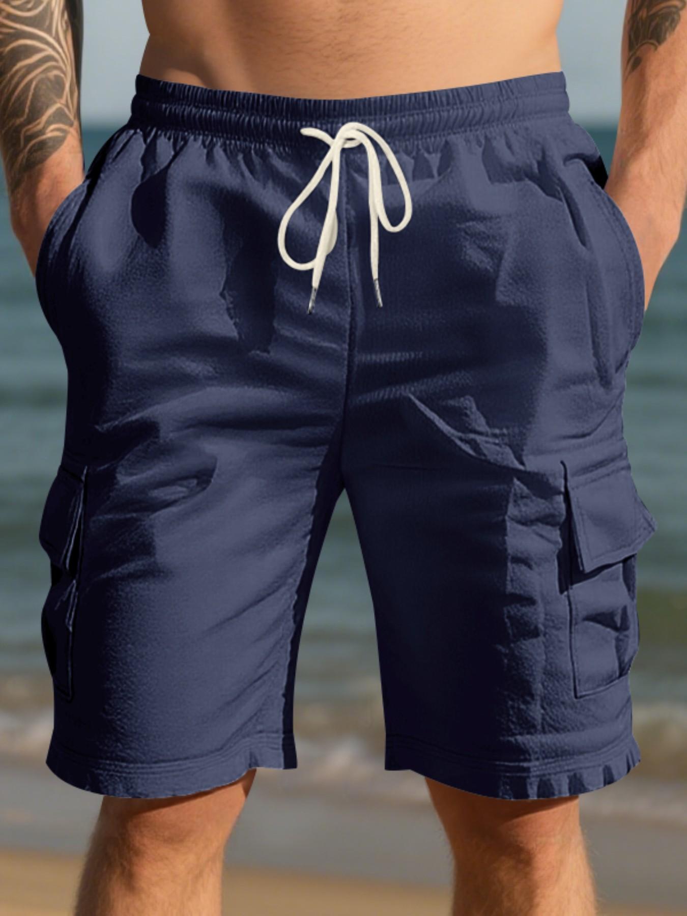 Men's Multi-Pocket Linen cargo shorts, Drawstring Waist Fitted Casual Shorts, Lightweight Breathable Beach Pants for Summer Outdoor Daily Wear