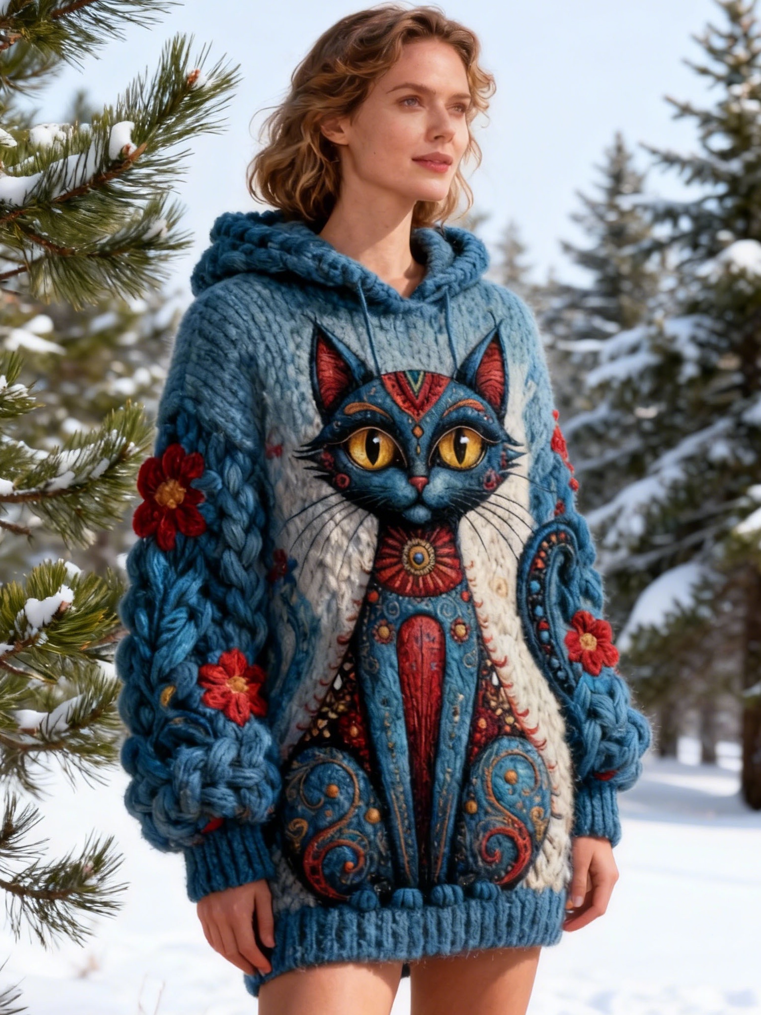 Women's Vintage Artistic Cat Floral Chunky Knit Hooded Sweater