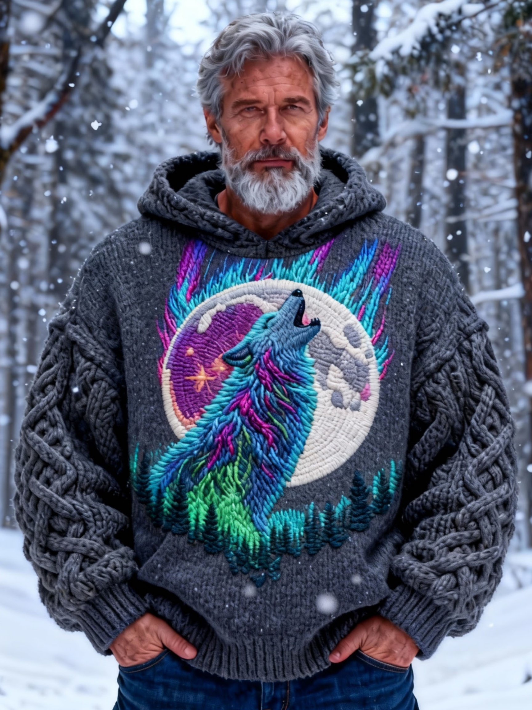 Men's Aurora Howling Wolf Chunky Knit Hooded Sweater