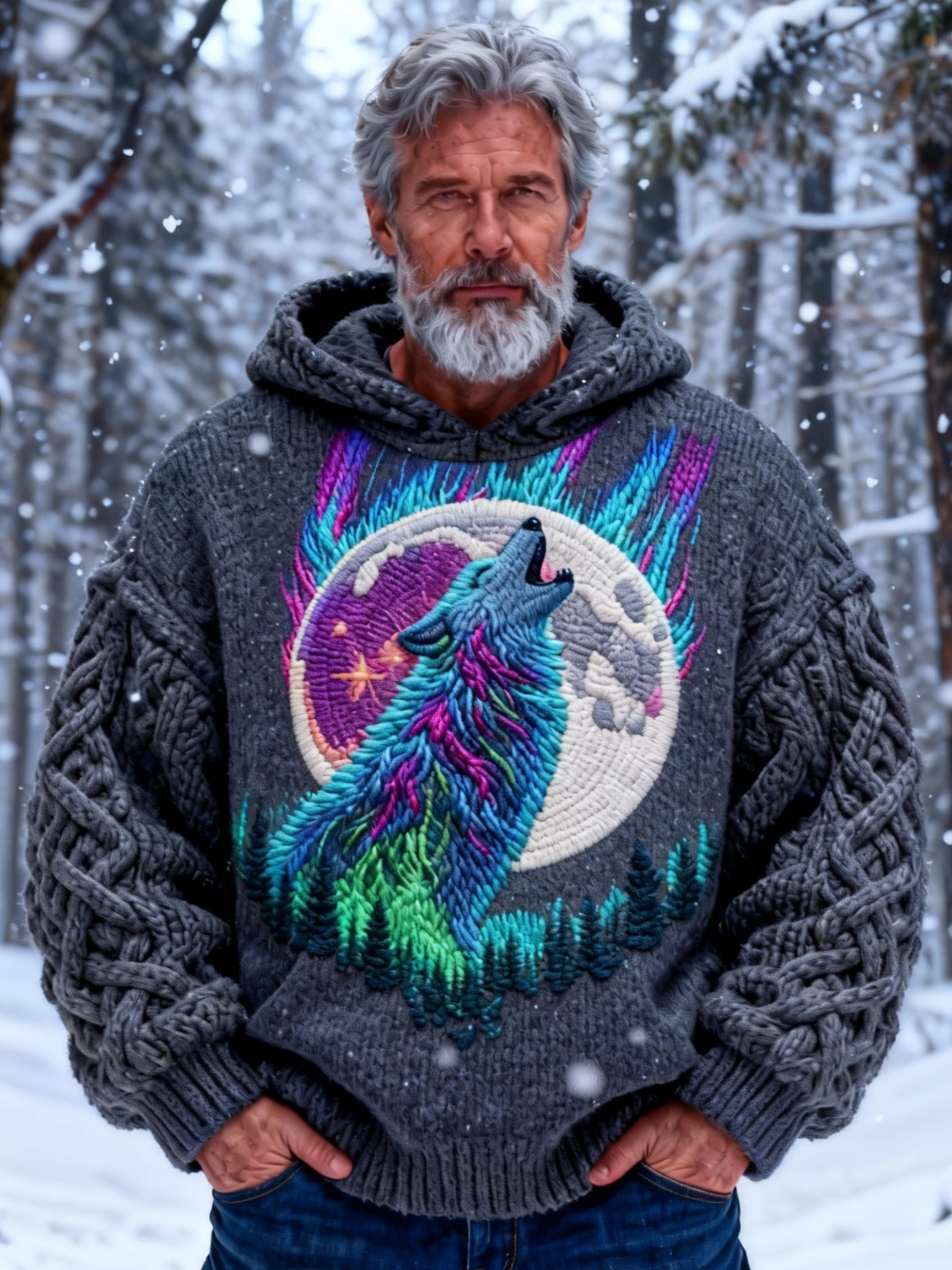 Men's Aurora Howling Wolf Chunky Knit Hooded Sweater