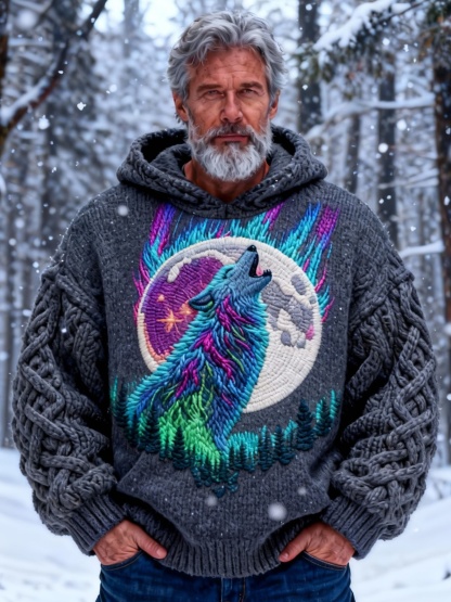 Men's Aurora Howling Wolf Chunky Knit Hooded Sweater