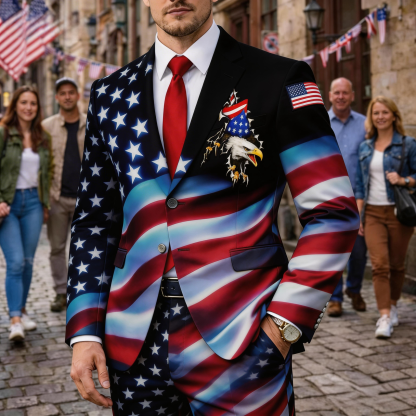 Men's Patriotic American Flag Gradient Blazer Suit 
