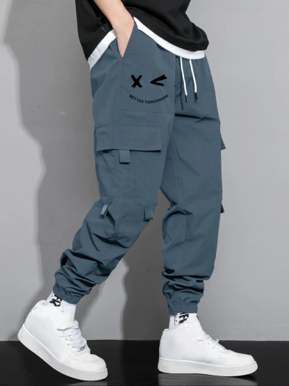 Men's Cartoon Face & Letter Print Drawstring Waist Cargo Pants