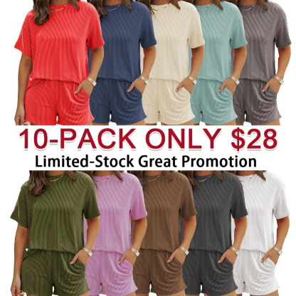 Women's Solid Twisted Ribbed Knit Textured Pocket Shorts Set