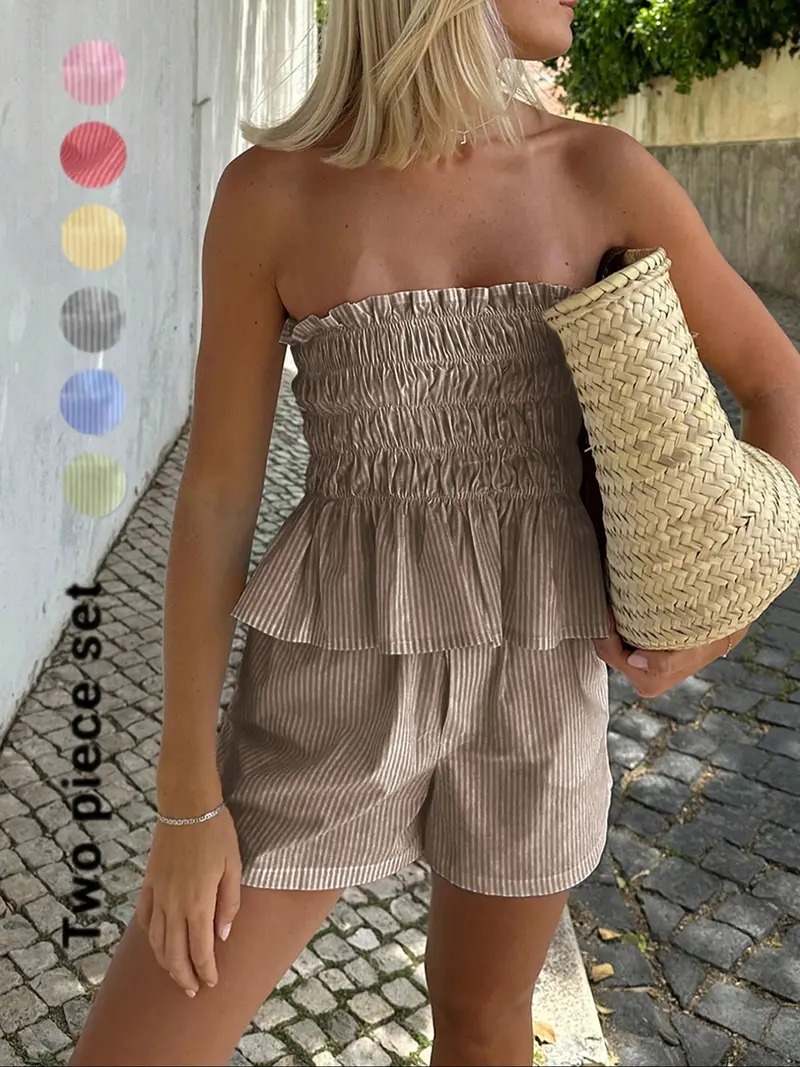 Women's Striped Print Tube Top & Shorts Sets