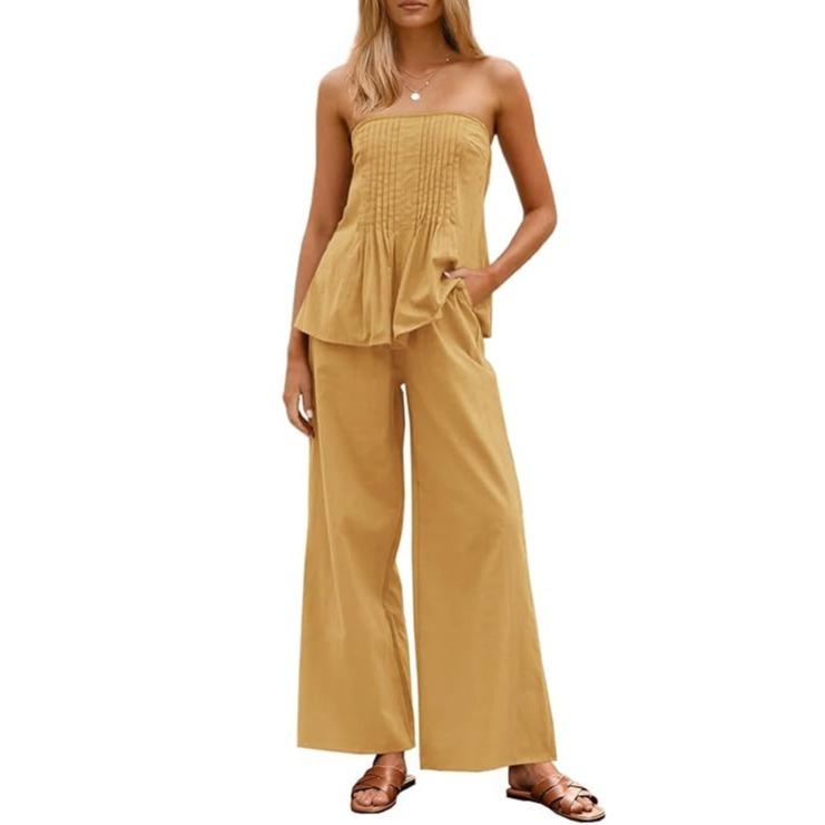 Women's Vacation Strapless Cotton Tube Top & Wide Leg Pleated Pants Matching Set