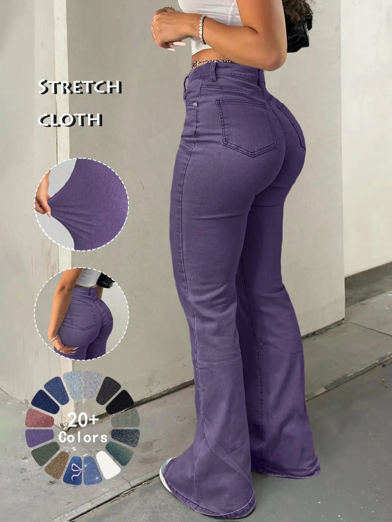 Women's Casual Button Fly Pocket Design High Waist Flare Leg Jeans