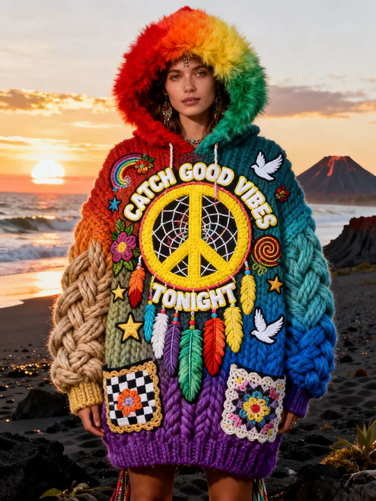 LUXURY RAINBOW DREAMCATCHER CHUNKY KNIT HOODED COAT