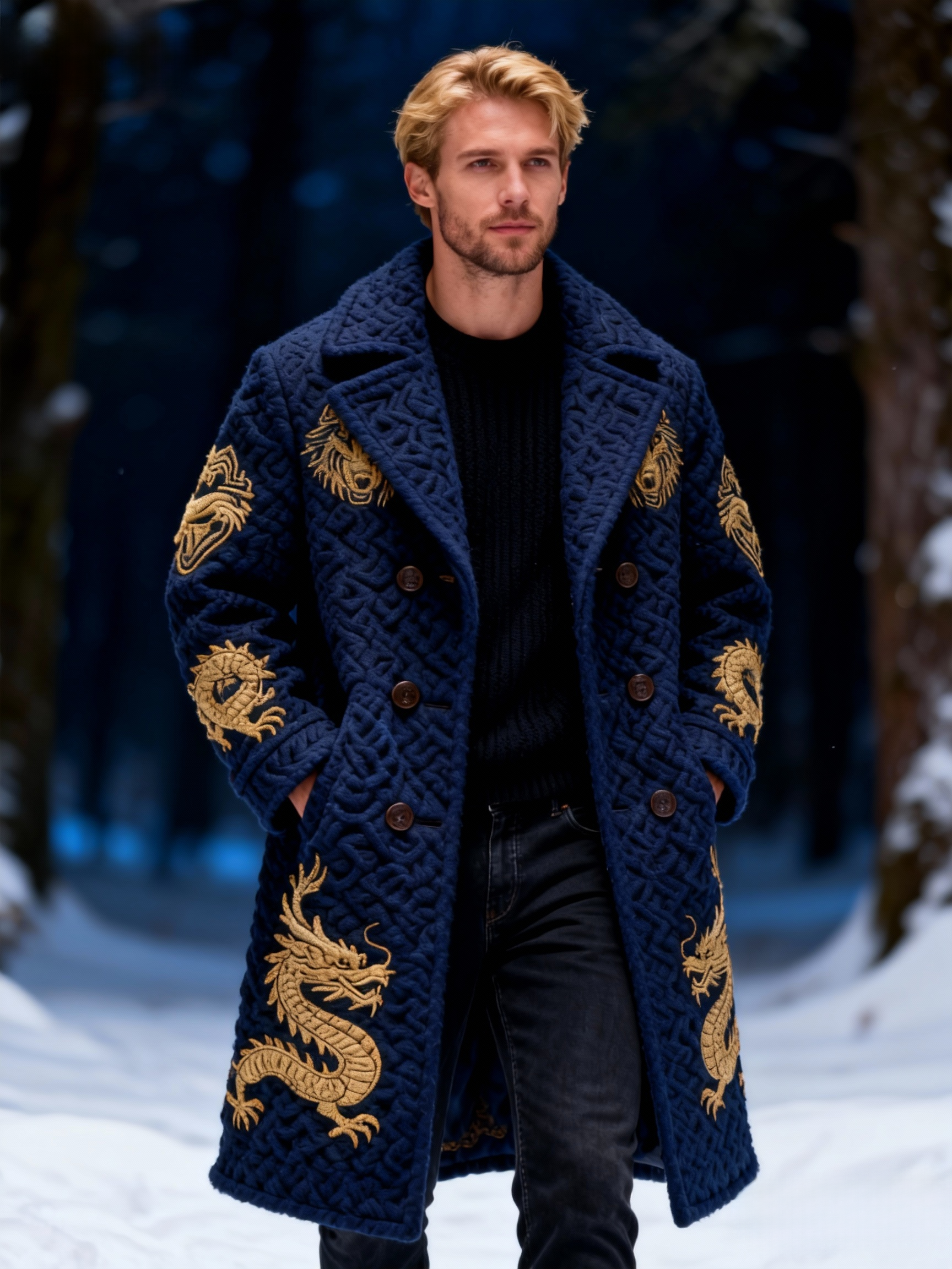 Men's Viking Dragon Pattern Textured Coat