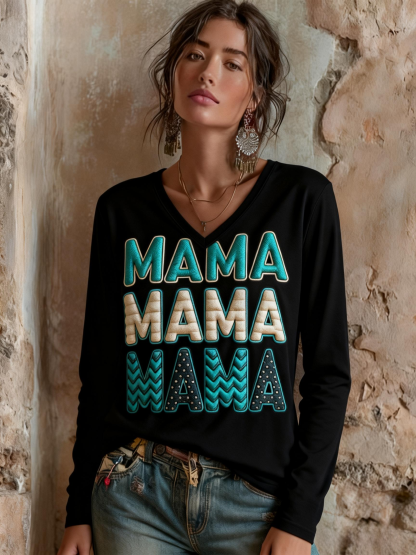 Women’s Textured Triple MAMA Print V Neck T-shirt