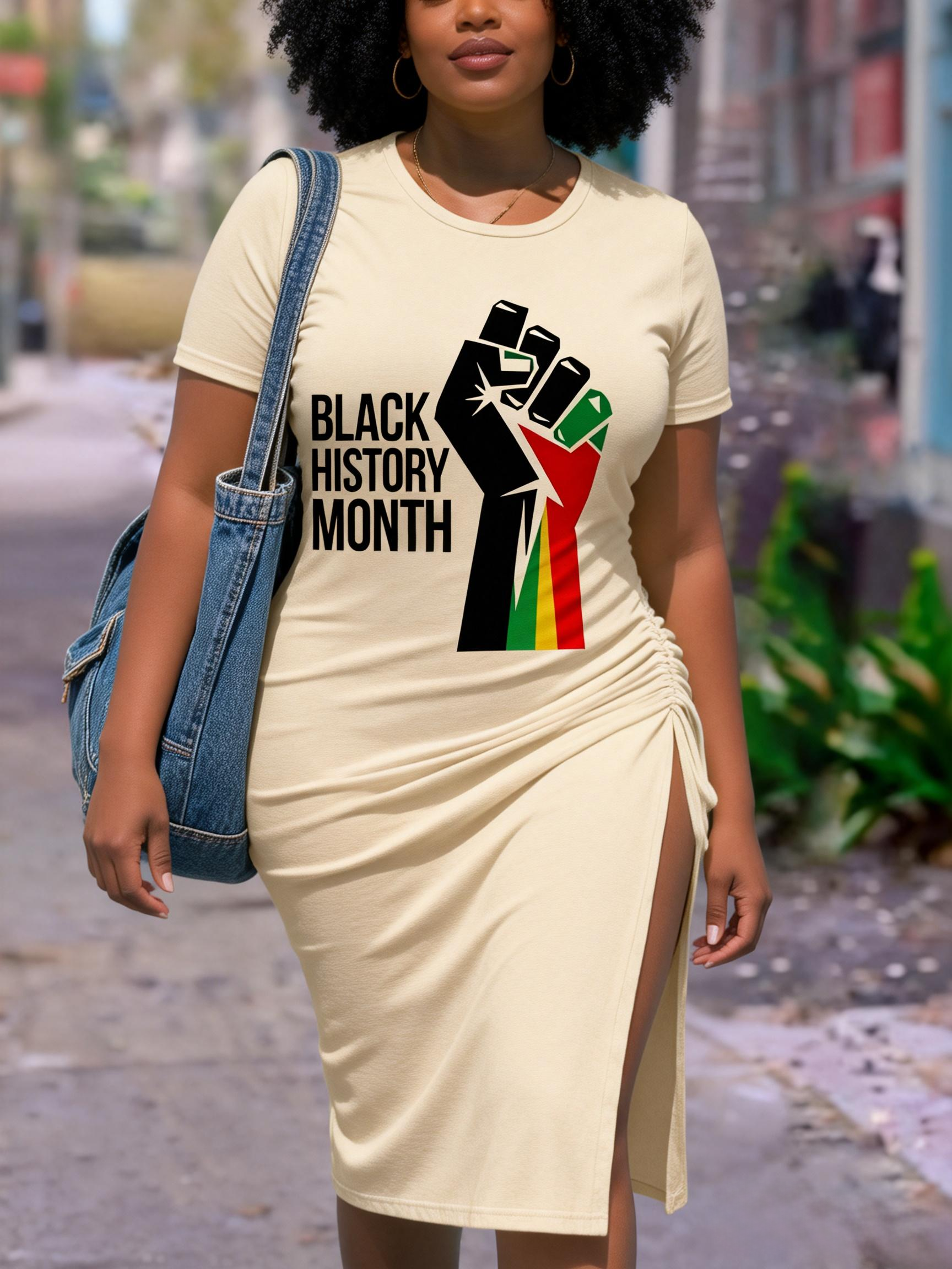 Women's Black History Month Fist Ruched Side Split T-Shirt Dress 