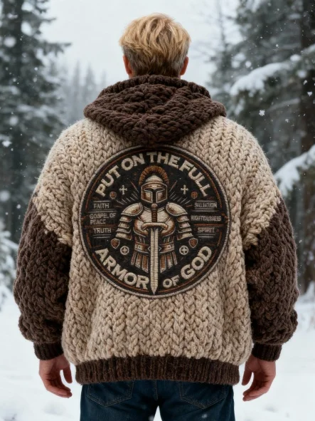 Men's "Put on the Full Armor of God" Templar Knight Emblem Color Block Cable Knit Hoodie