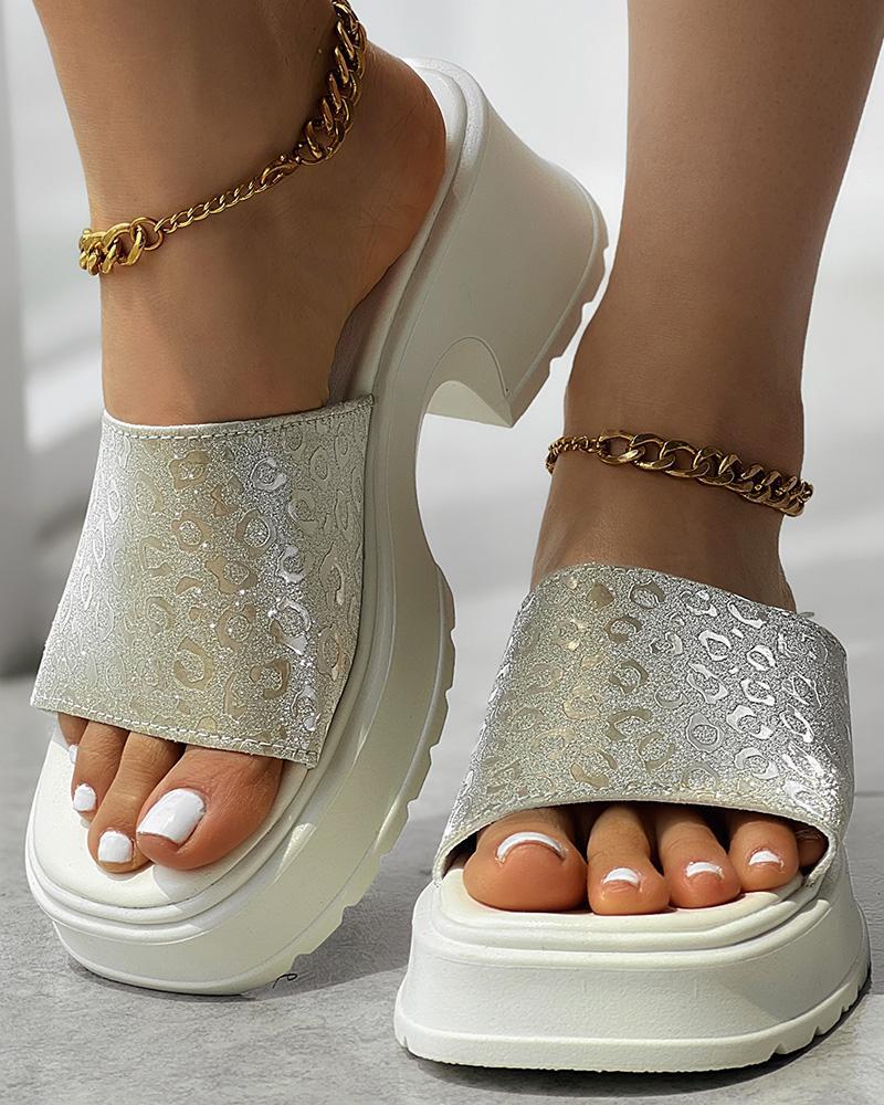 Leopard Pattern Platform Wedge Slippers