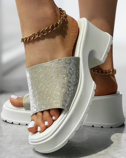 Leopard Pattern Platform Wedge Slippers