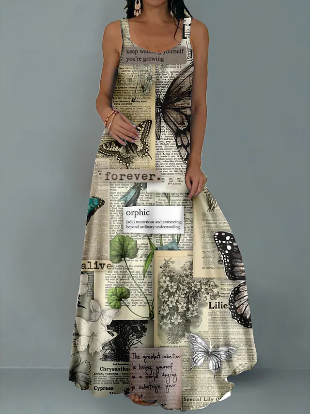 Women's Long Dress Maxi Dress Swing Dress Summer Dress Slip Dress Butterfly Letter Newspaper Vintage Fashion Vacation Weekend Spring Dress Print Sleeveless Strap Dress Regular Fit Yellow Spring Summer