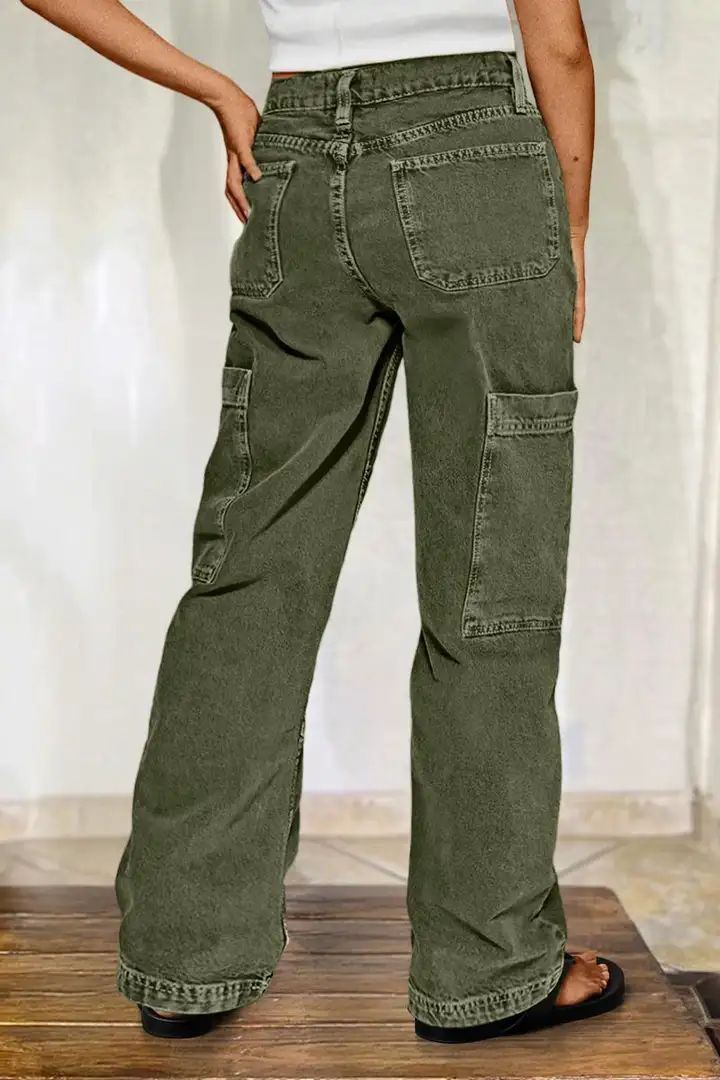 Women's Button Detail Mid Waist Straight Leg Cargo Pants Without Belt