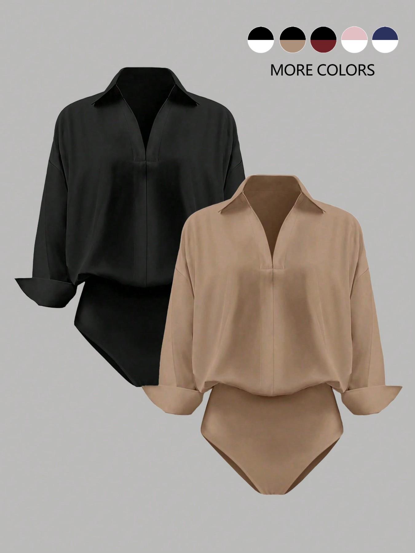 Women's casual loose V-neck long-sleeved shirt jumpsuit, Womenswear, elegant woven fabric, slim fit, suitable for all seasons, and can be layered flexibly, Bodysuit