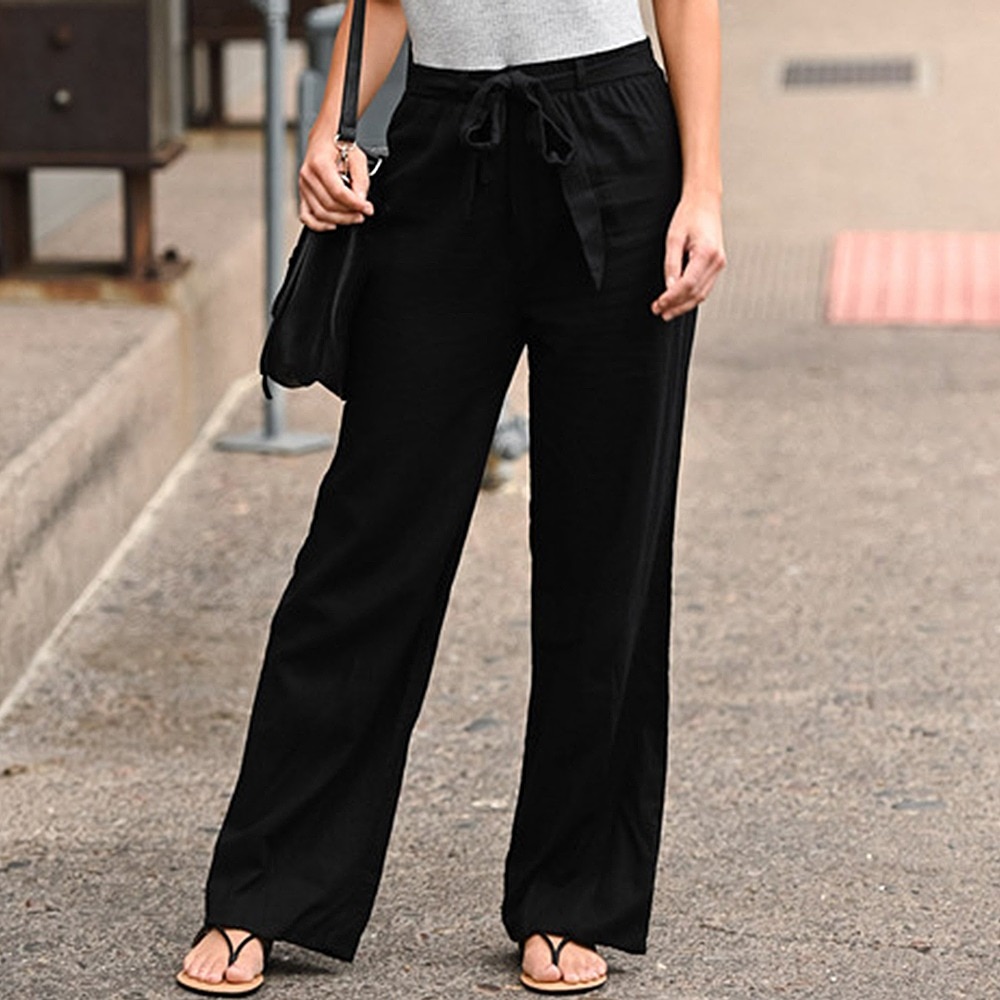 Women Wide Leg Solid Linen Cotton Belt Lace-up Pants