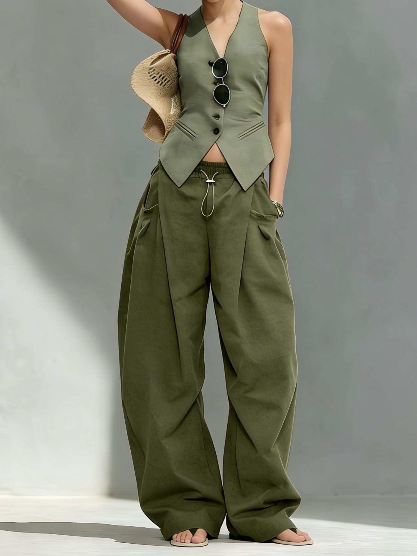 Hiphop Cool Girl Style Pleated Cuffed Lantern Pants, Casual Pocket Trousers, Loose Fit Drape Long Trousers, Casual Women's Fashion for Spring & Fall Hiphop Cool Girl Style Pleated Cuffed Lantern Pants, Casual Pocket Trousers, Loose Fit Drape Long Trousers, Casual Women's Fashion for Spring & Fall