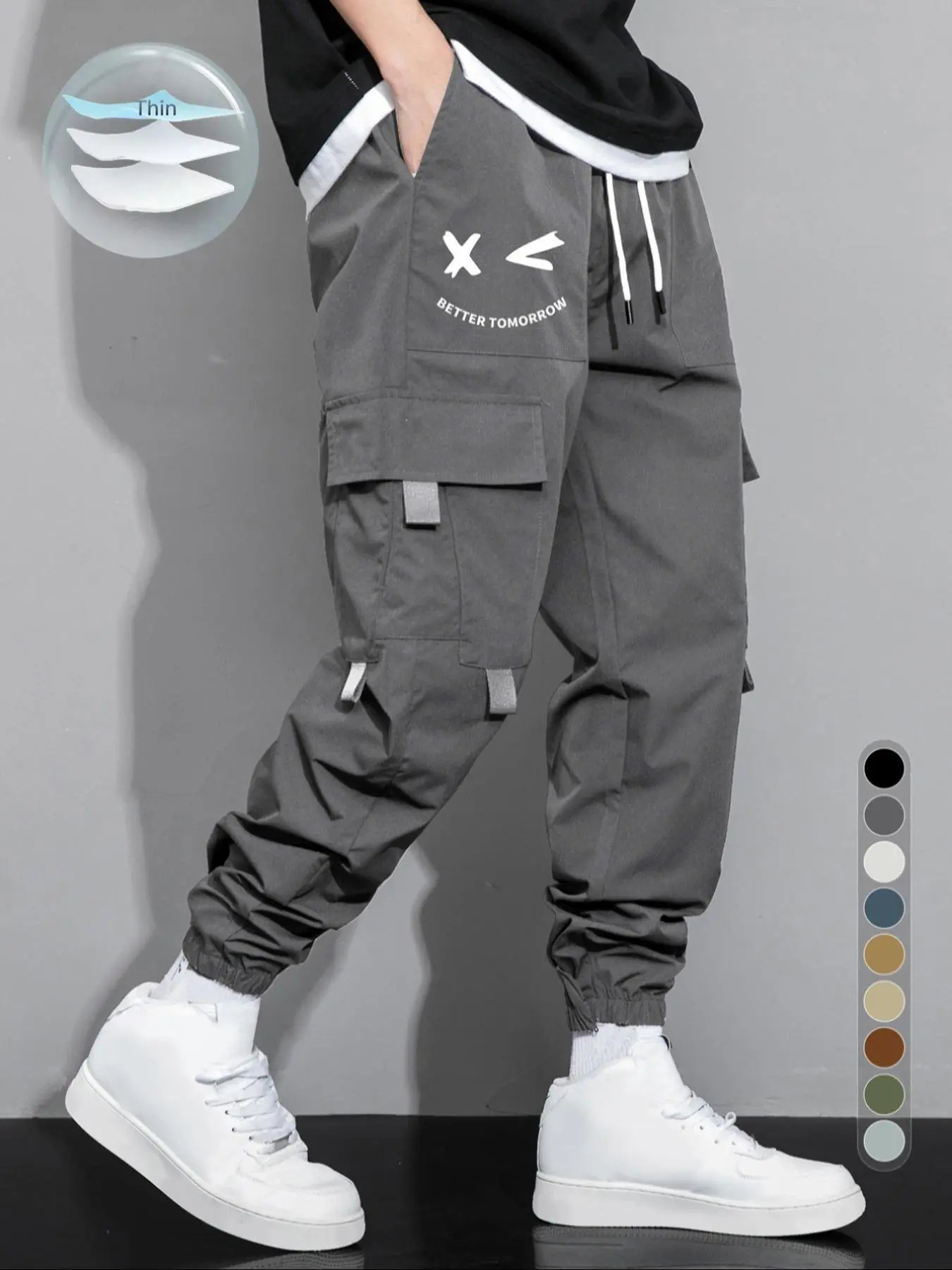 Men's Cartoon Face & Letter Print Drawstring Waist Cargo Pants
