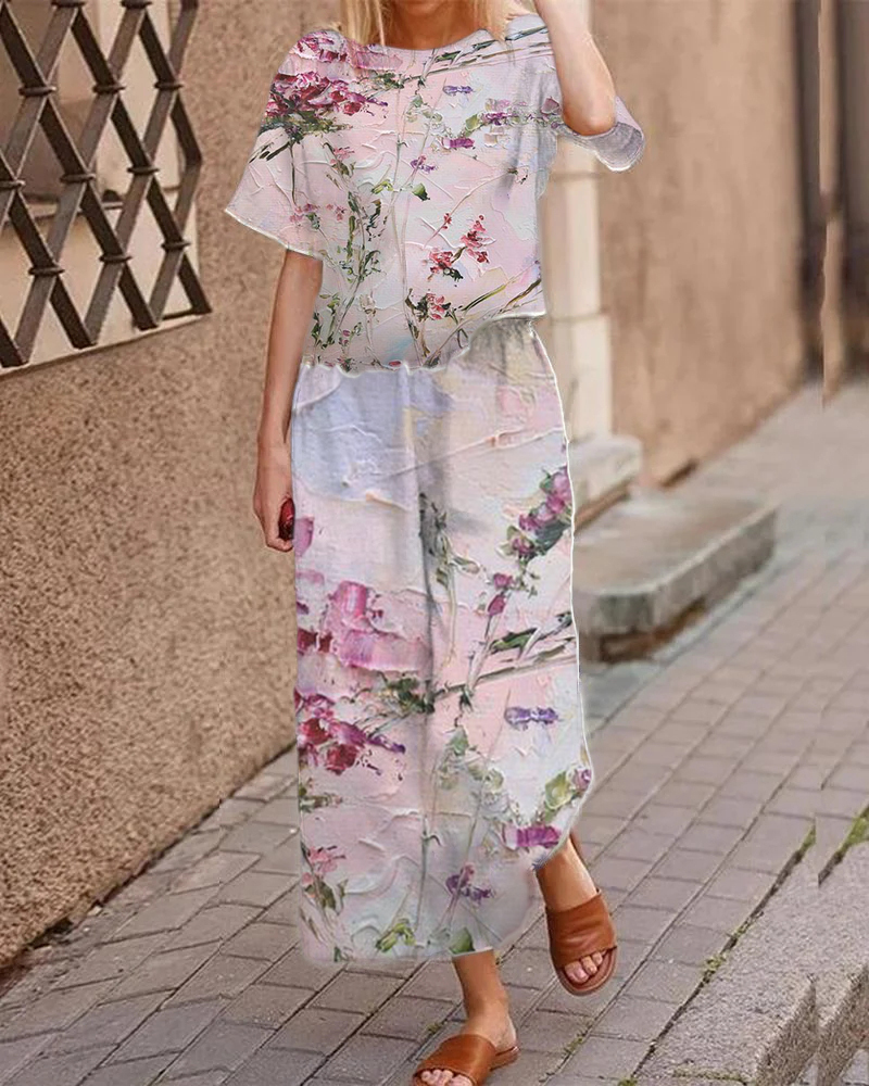 Casual Short Sleeve Floral Print Suit