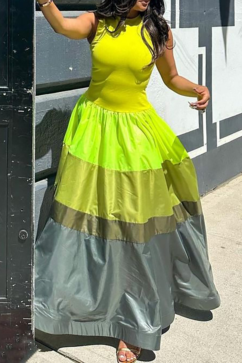 Plus Size Green Casual Sleeveless Colorblock Round Neck Maxi Dresses [Pre-Order]