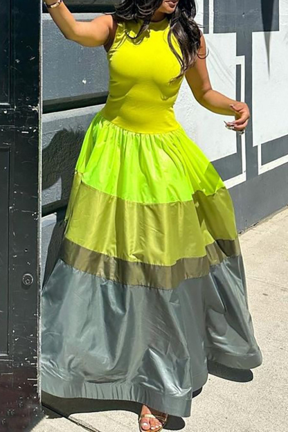 Plus Size Green Casual Sleeveless Colorblock Round Neck Maxi Dresses [Pre-Order]