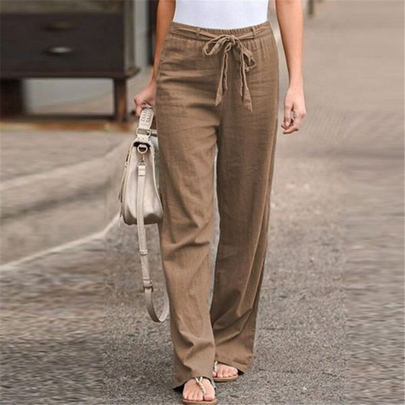 Women Wide Leg Solid Linen Cotton Belt Lace-up Pants