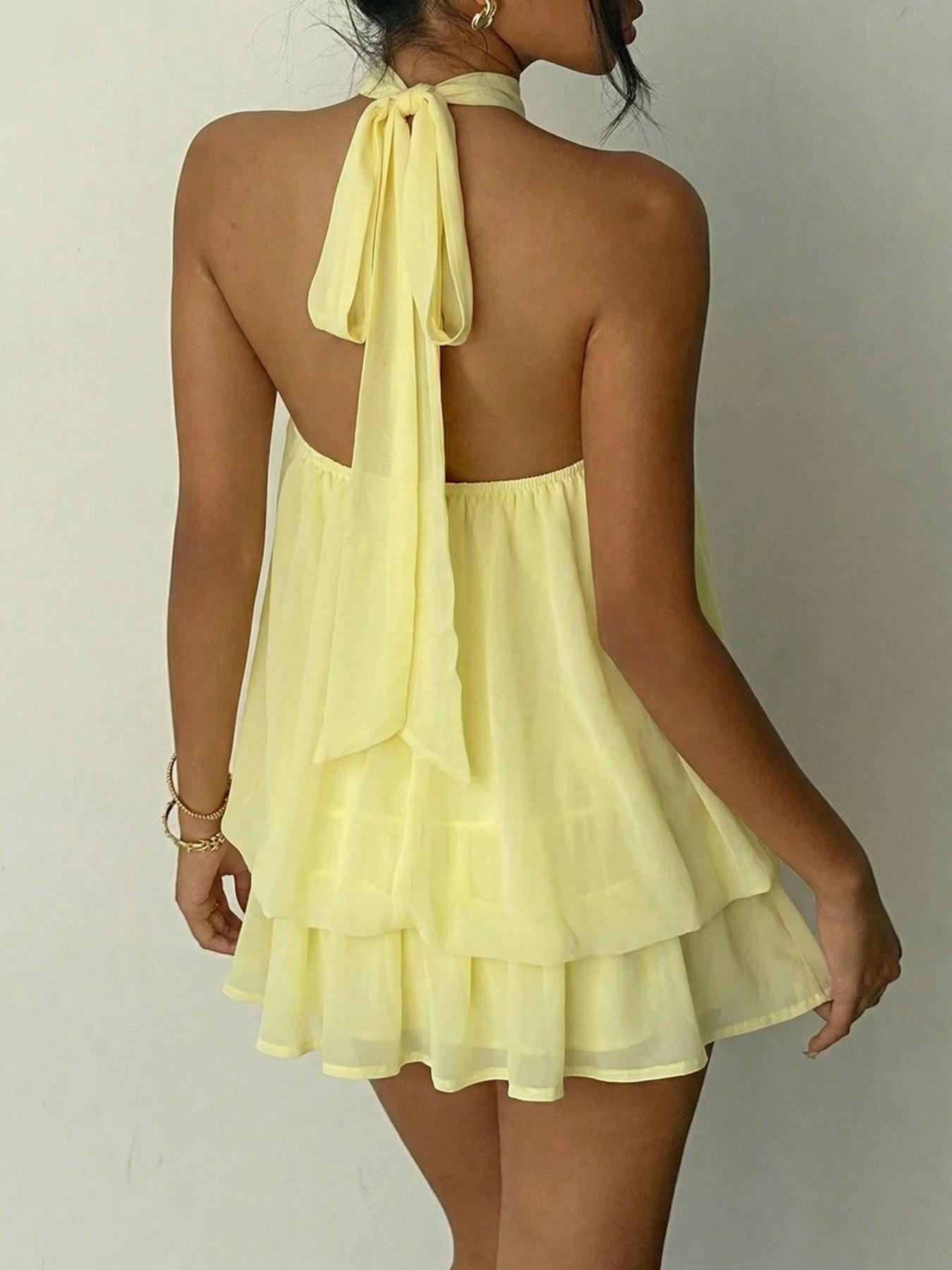 Women's Summer Fashion Party Halter Tie Back Mini Dress, Slim-Fitting Casual Elegant Short Sleeveless Dress for Home Outdoor City Style