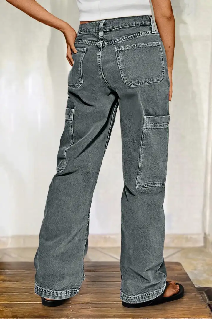 Women's Button Detail Mid Waist Straight Leg Cargo Pants Without Belt