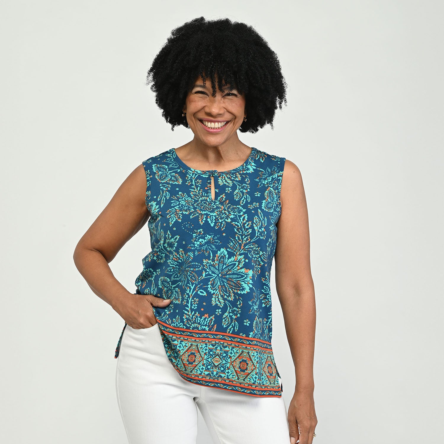 Border Print Sleeveless Top