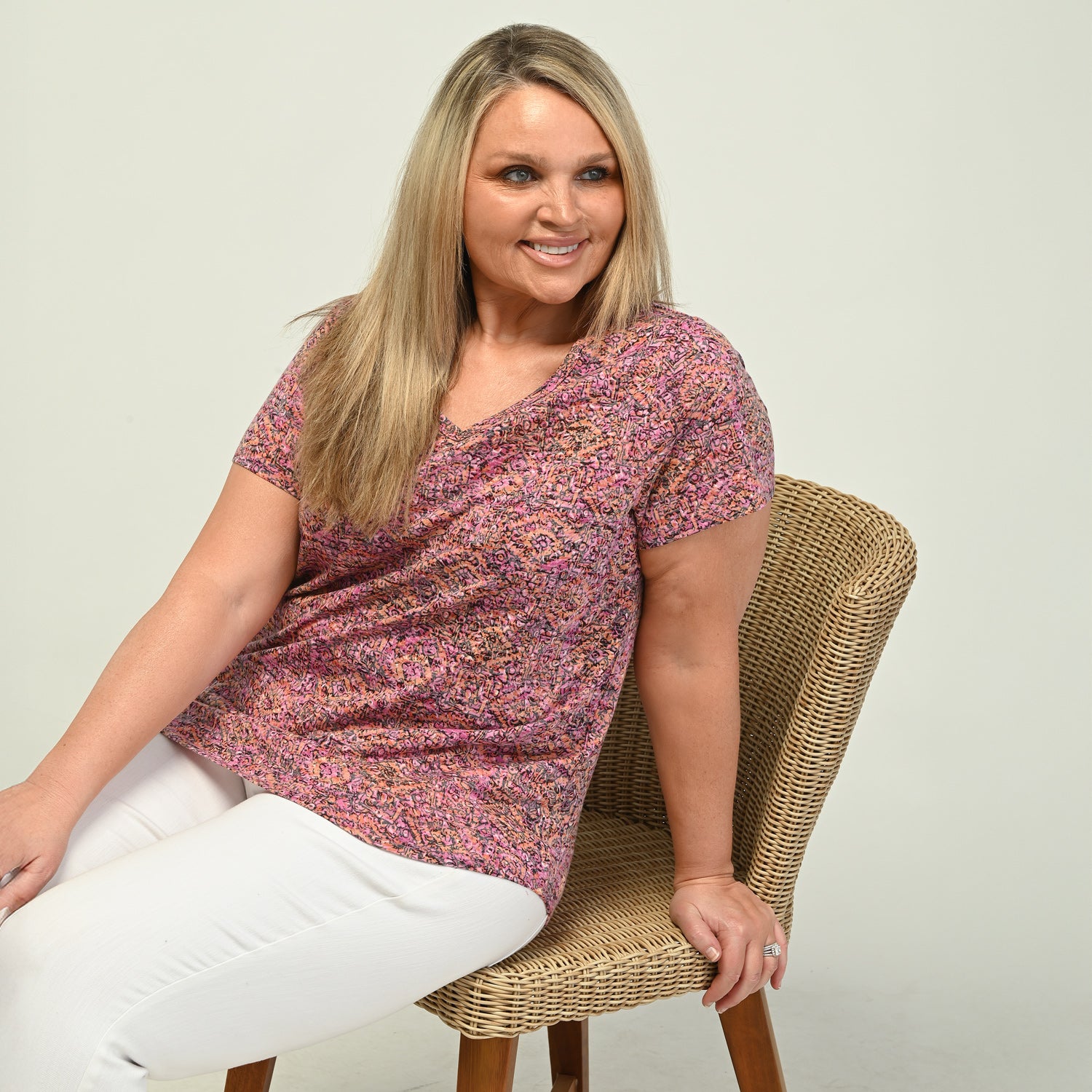 Printed V Neck Short Sleeve Burnout Tee