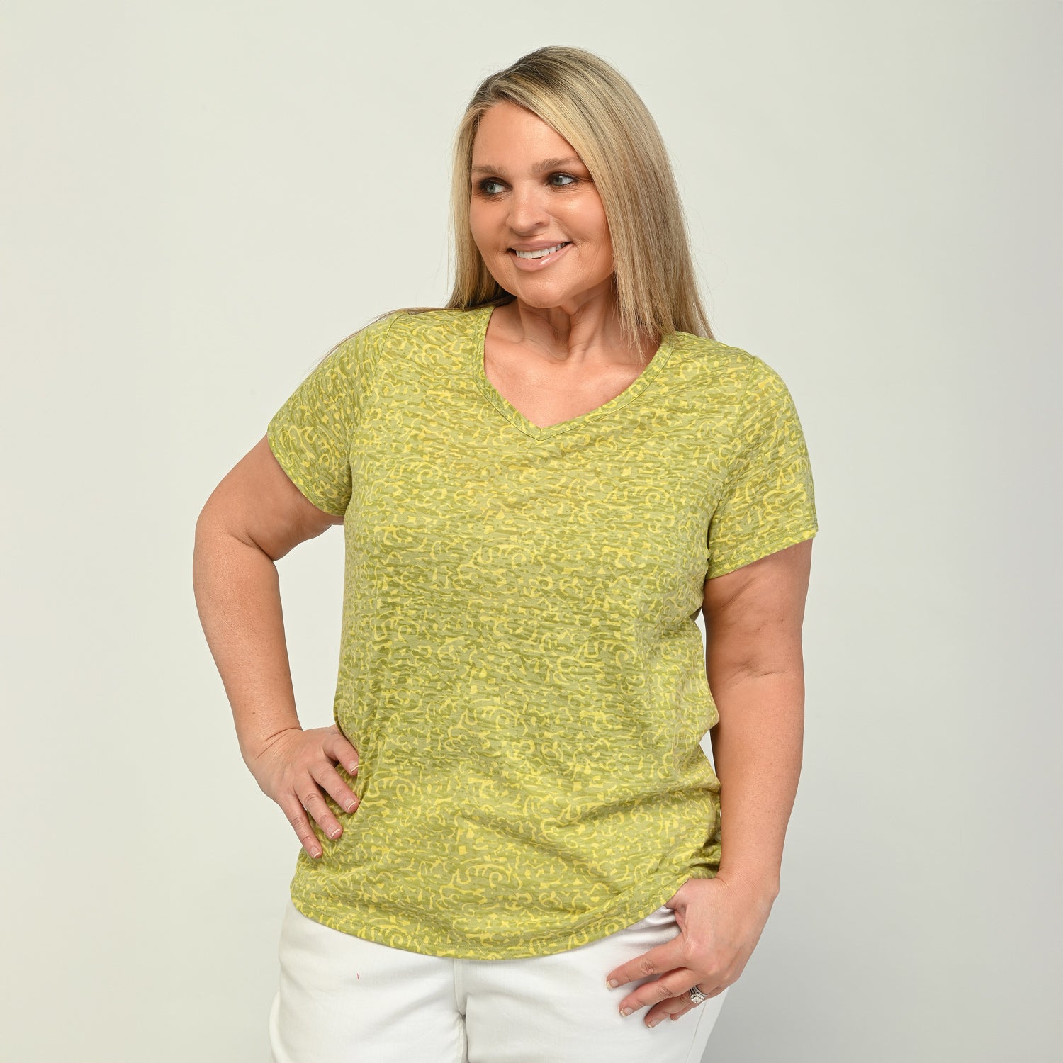 Printed V Neck Short Sleeve Burnout Tee