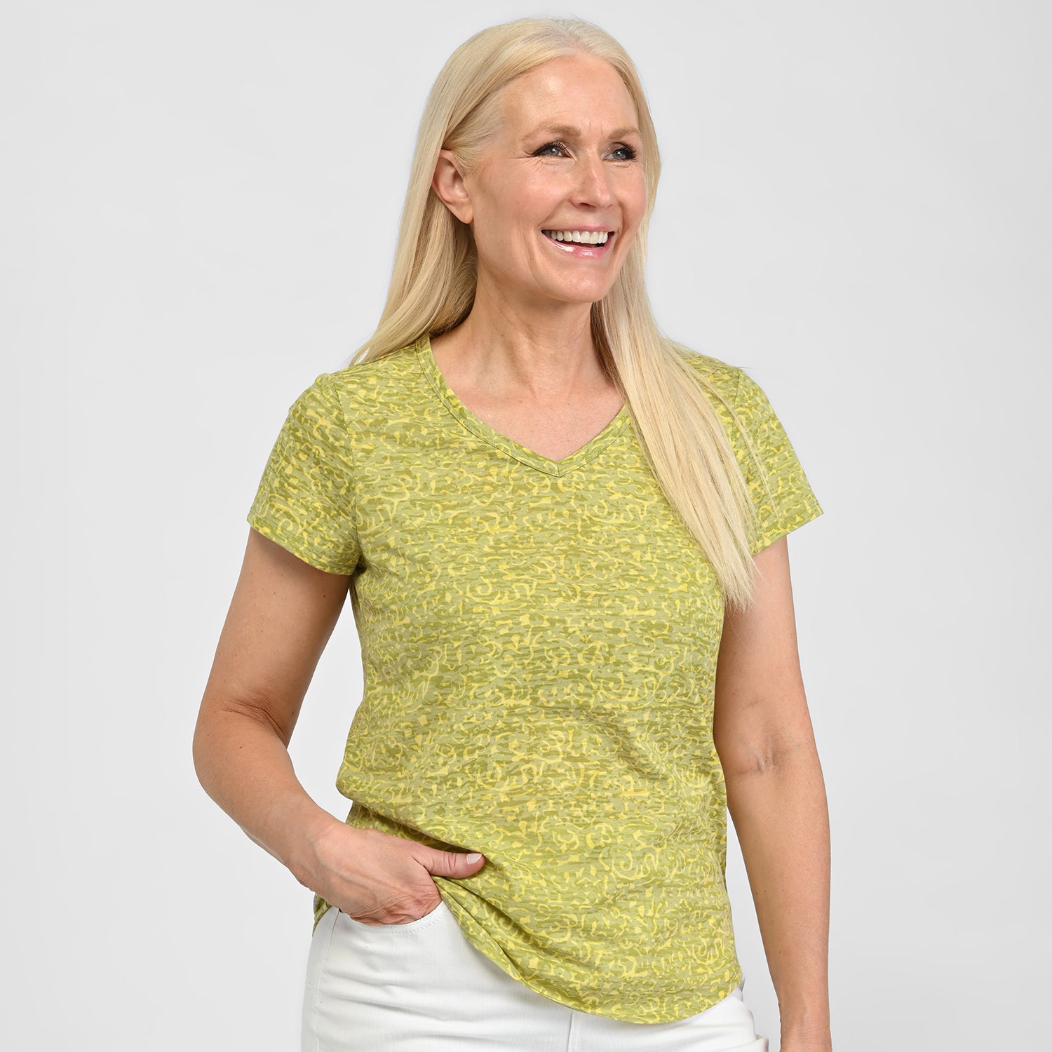 Printed V Neck Short Sleeve Burnout Tee