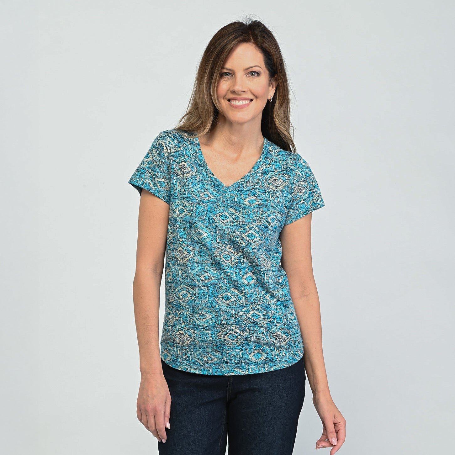 Printed V Neck Short Sleeve Burnout Tee