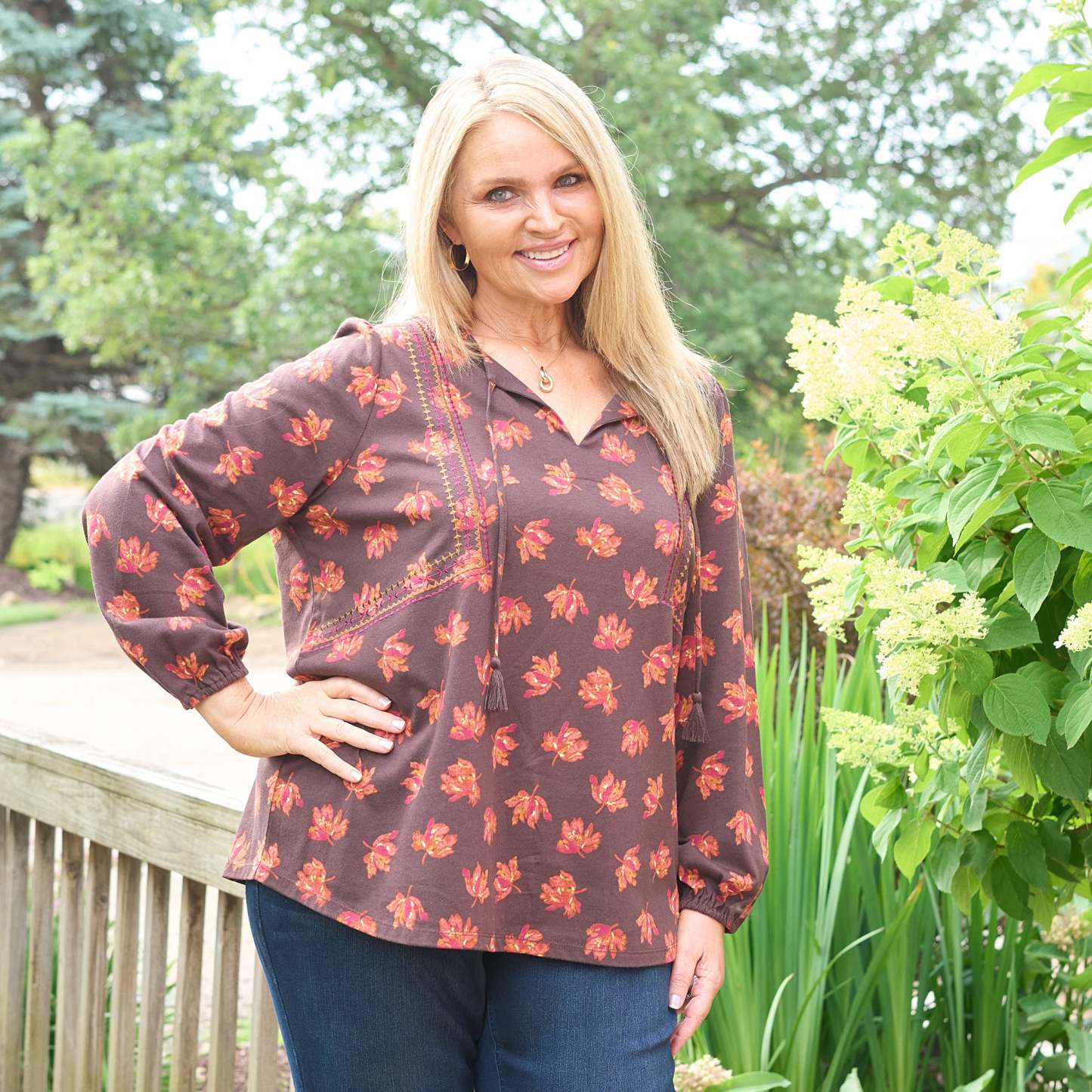 Embroidered Tie Neck Peasant Top