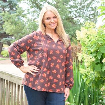 Embroidered Tie Neck Peasant Top