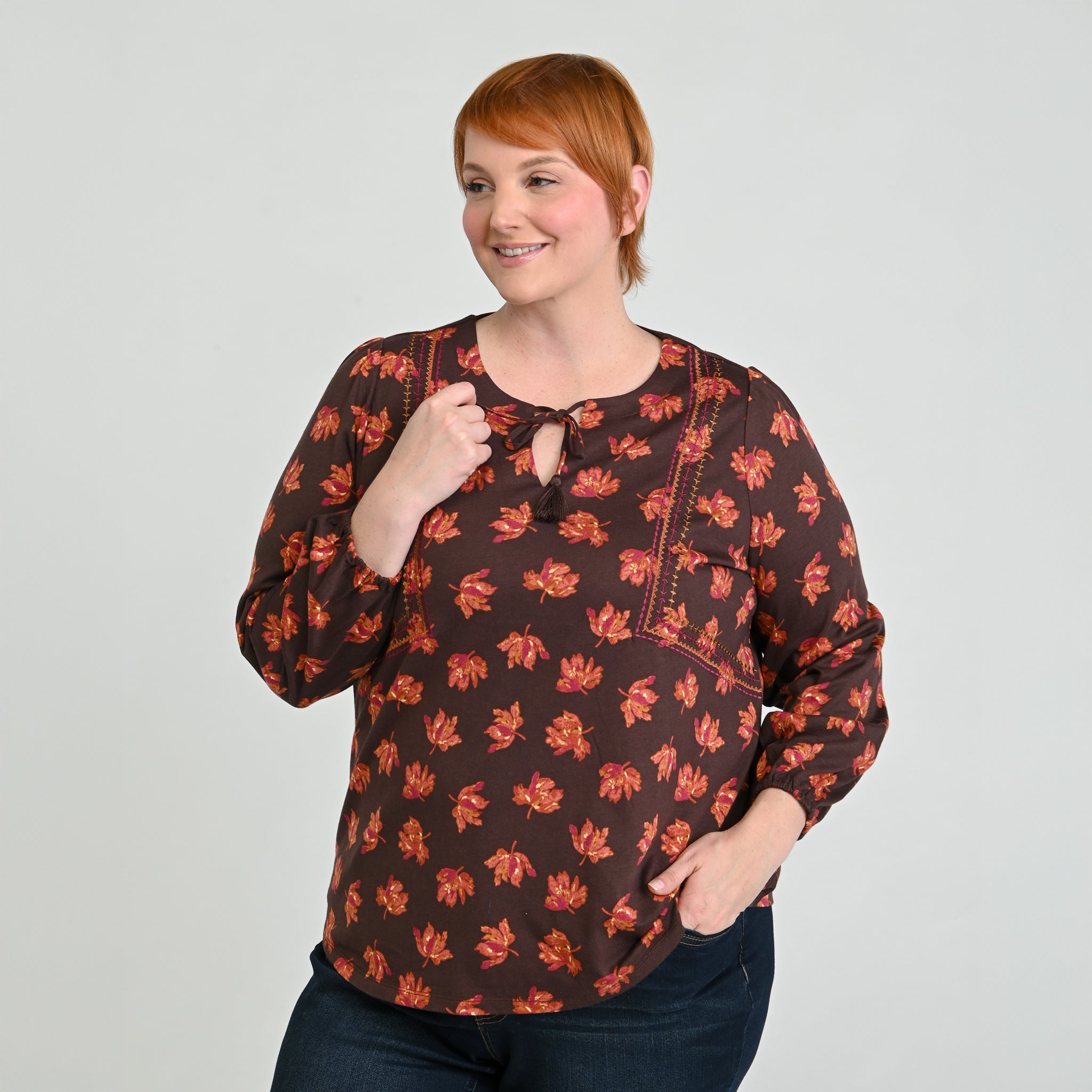 Embroidered Tie Neck Peasant Top