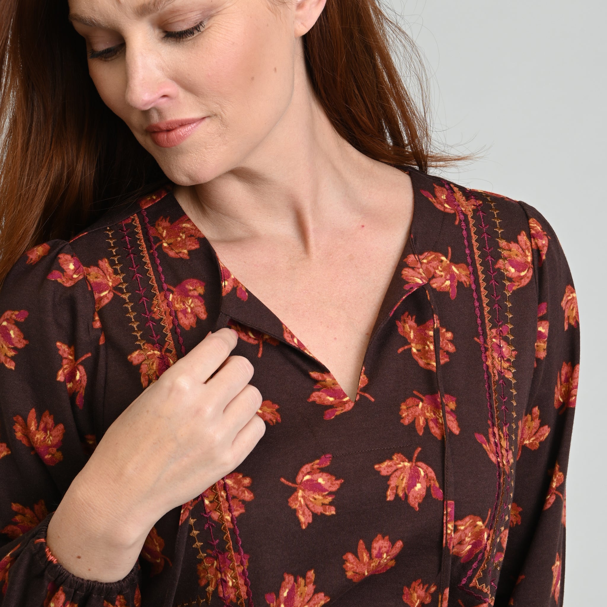 Embroidered Tie Neck Peasant Top