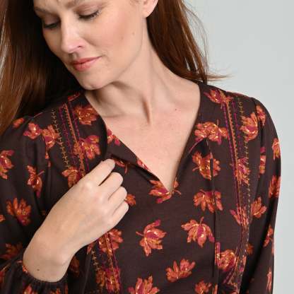 Embroidered Tie Neck Peasant Top