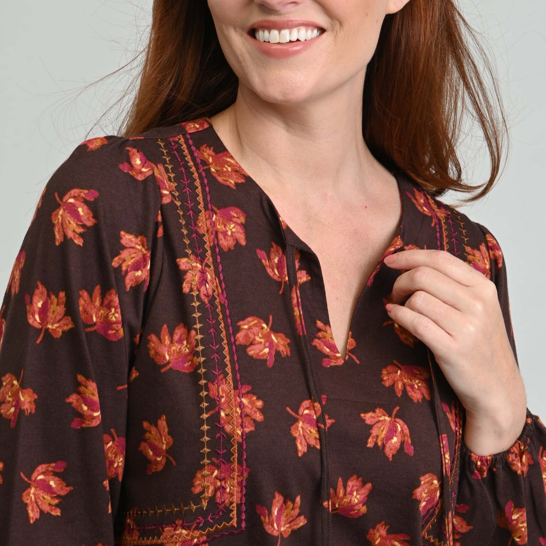 Embroidered Tie Neck Peasant Top