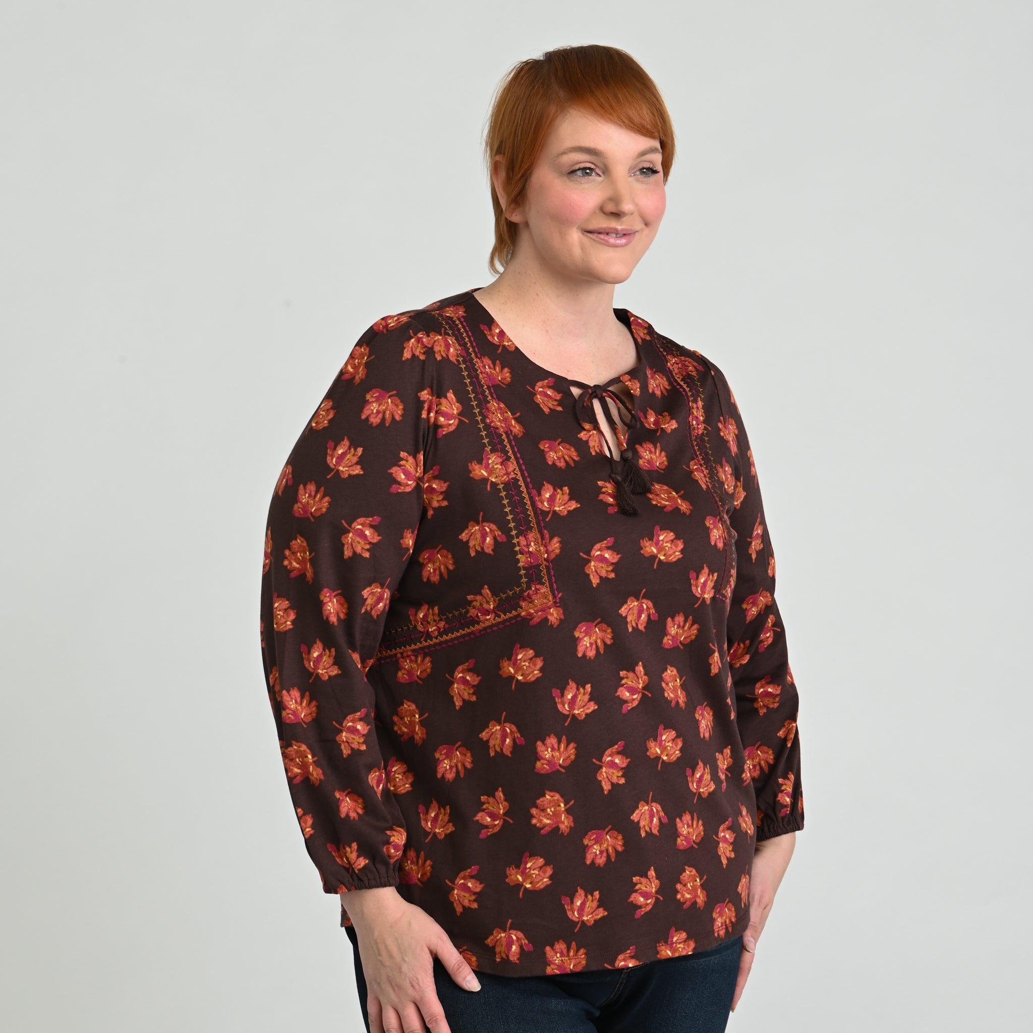 Embroidered Tie Neck Peasant Top