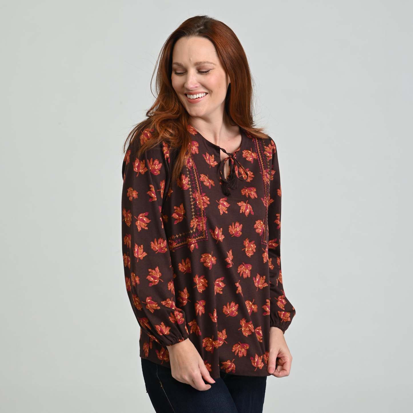 Embroidered Tie Neck Peasant Top