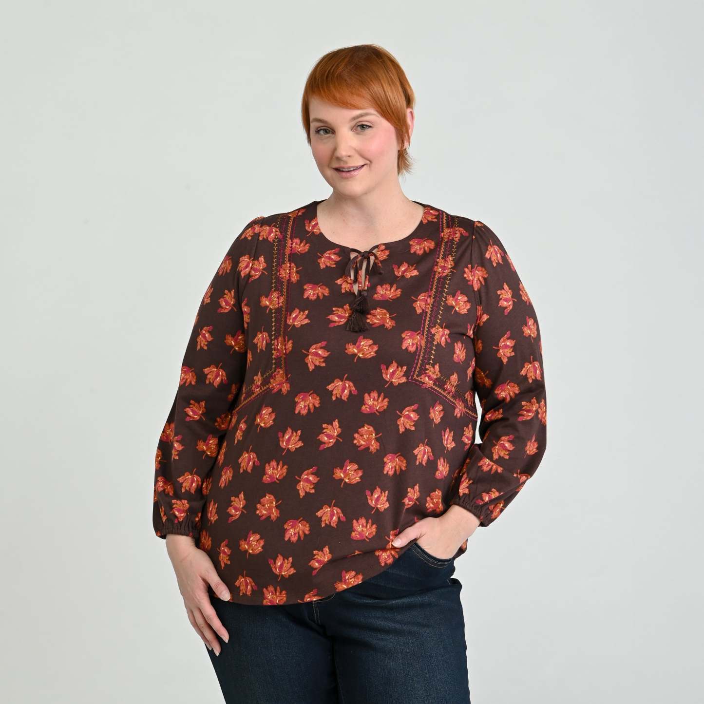 Embroidered Tie Neck Peasant Top