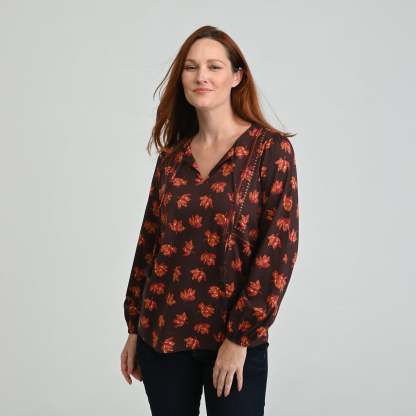 Embroidered Tie Neck Peasant Top