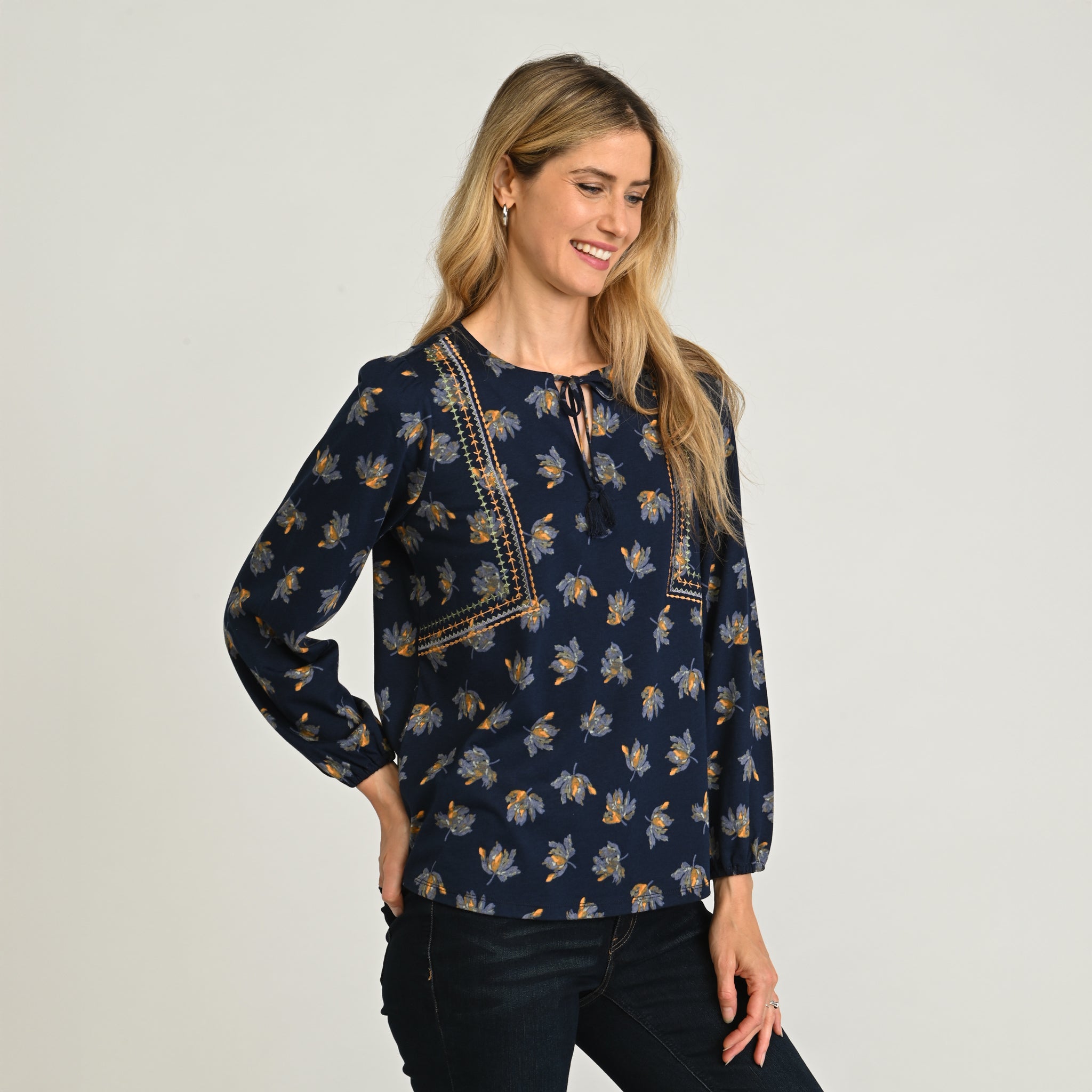 Embroidered Tie Neck Peasant Top